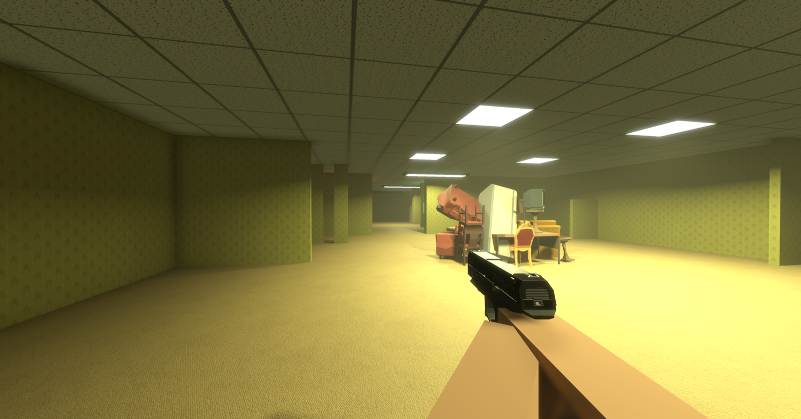 First-person gameplay in the yellow corridors of the Backrooms map